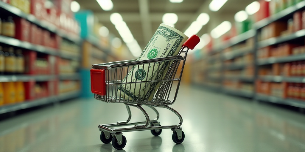a dollar bill in a shopping cart and a shopping cart with a dollar bill in it in a grocery store, Do
