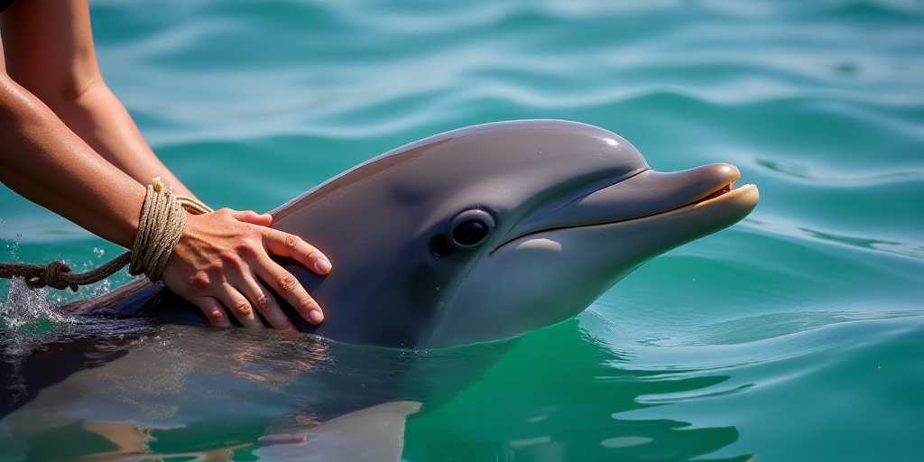 a dolphin being petted by a person with a rope around its neck and a hand holding a rope, Bouchta El