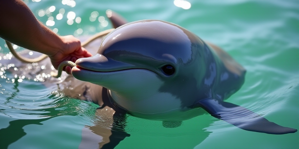 a dolphin being petted by a person with a rope around its neck and a hand holding a rope, Bouchta El