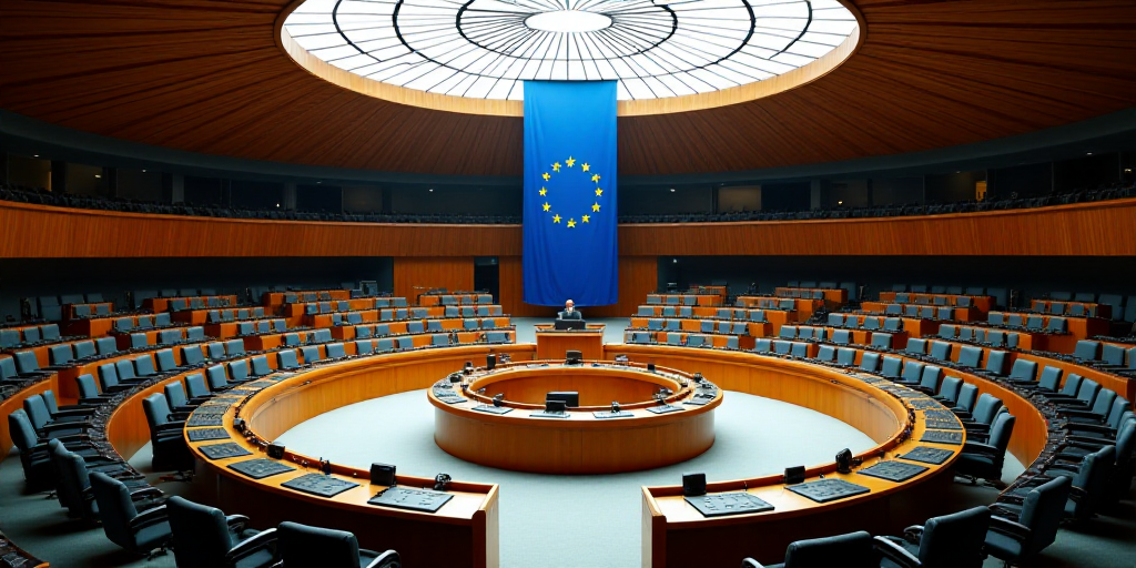 a european parliament with a large circular table in the middle of it and a flag hanging from the ce