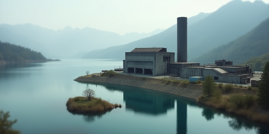 a factory with a large pipe sticking out of it's side next to a lake and mountains in the background
