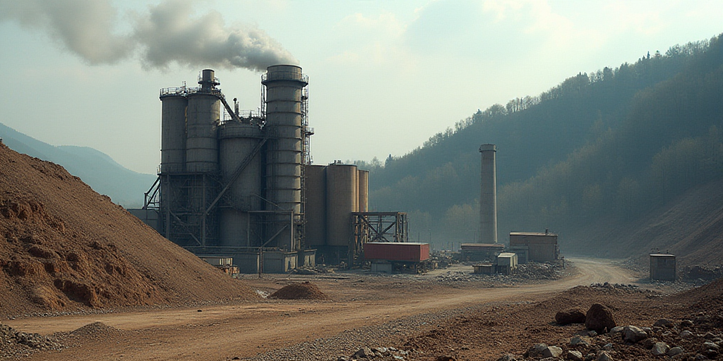 a factory with a lot of dirt and rocks in front of it and a hill of trees in the background, Avgust