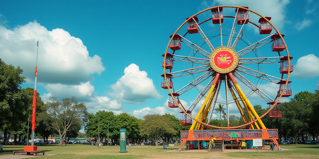 a ferris wheel and a sign that says peace in front of a park with a blue sky in the background, Fede