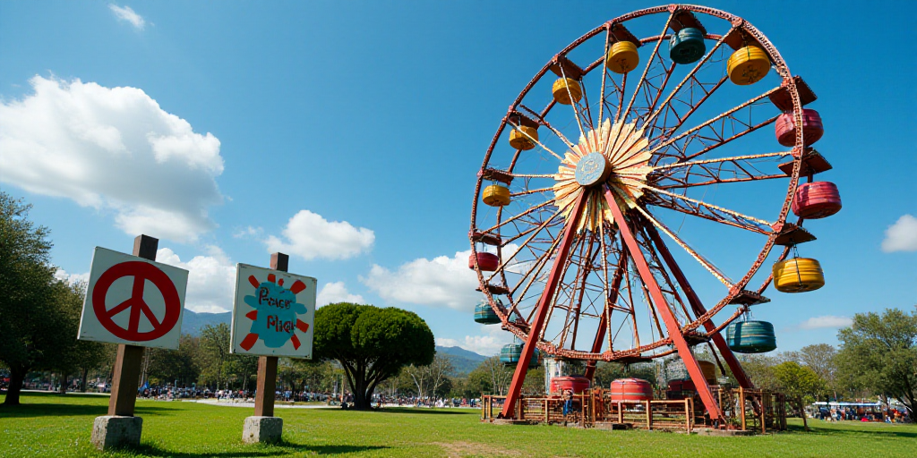 a ferris wheel and a sign that says peace in front of a park with a blue sky in the background, Fede