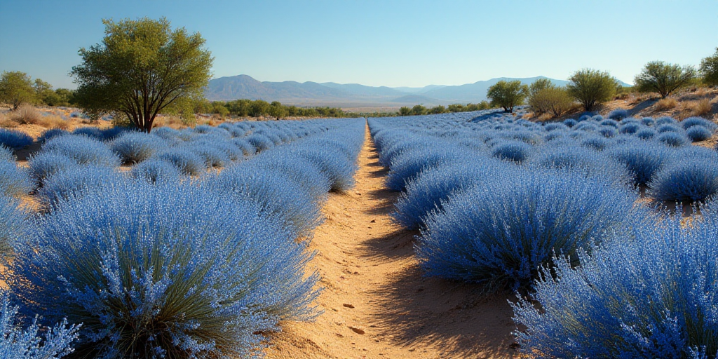 a field of blue agoea plants in a desert area with trees in the background and a dirt path, Enguerra