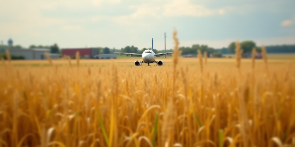 a field of tall grass with a plane in the background and a building in the distance in the distance,