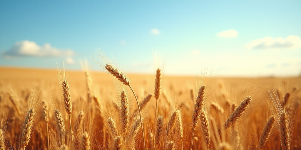 a field of wheat ready to be harvested in the fall or winter time, with a blue sky in the background