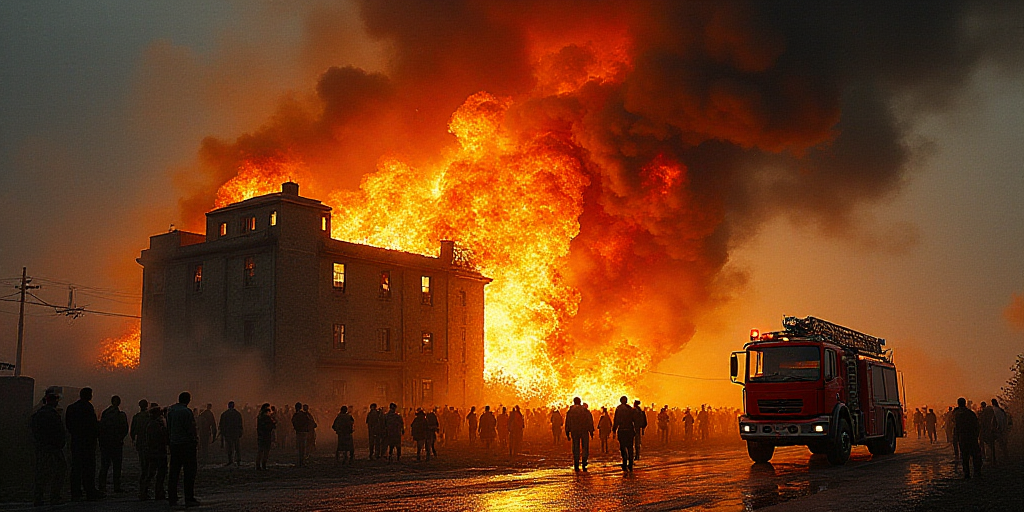 a fire is burning in a building with a bunch of people around it and a fire truck in the background,