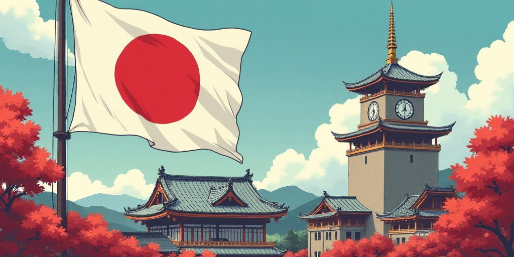 a flag flying in front of a building with a clock tower in the background and a large building with