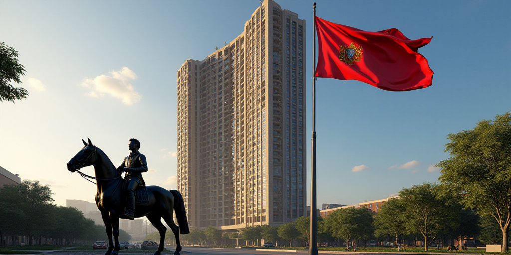 a flag flying in front of a tall building with windows in the background and a horse statue in the f