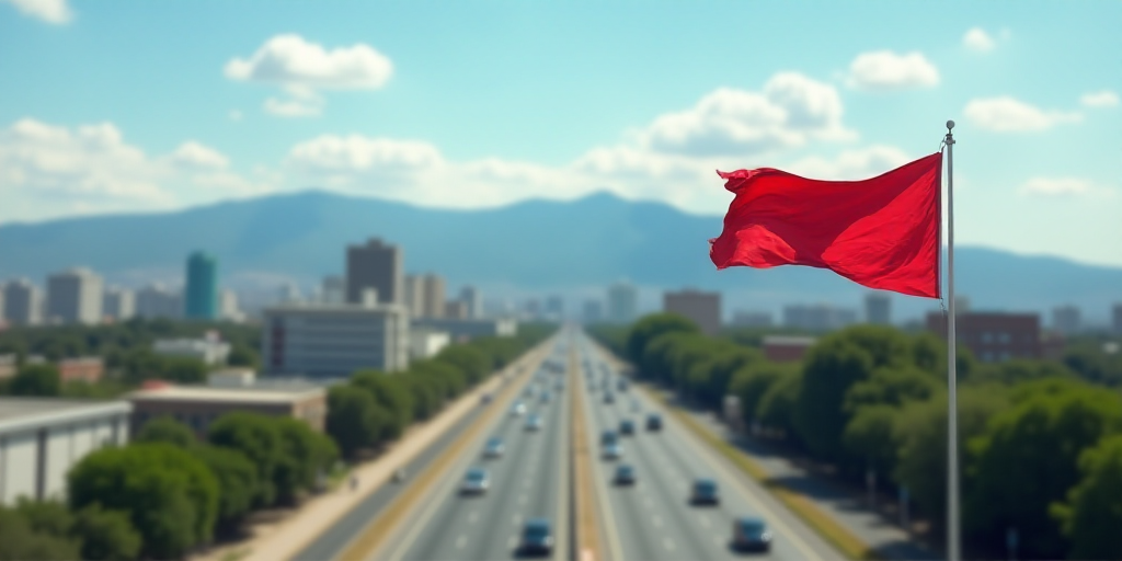 a flag flying in the air over a city with a freeway and mountains in the background in a city, Carlo