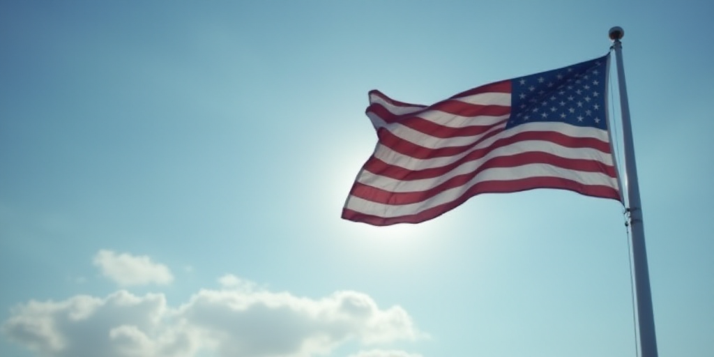 a flag flying in the wind on a cloudy day with a blue sky in the background and a few clouds in the
