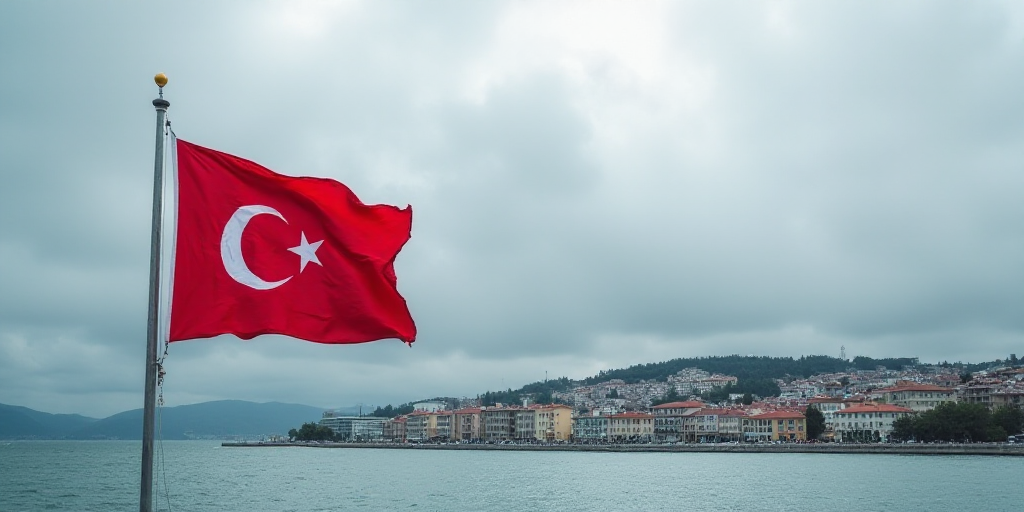 a flag flying in the wind over a body of water with buildings in the background and cloudy skies abo