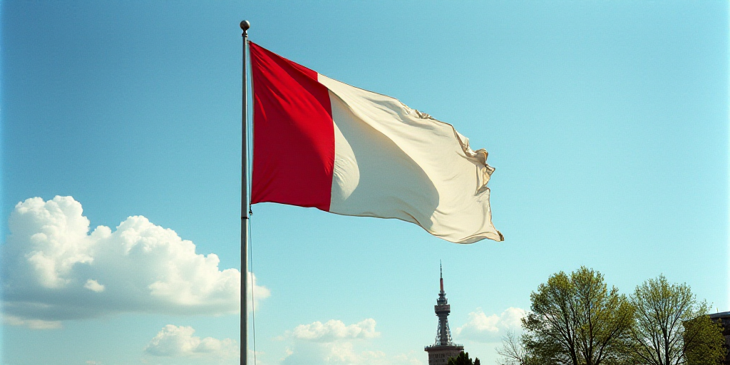 a flag flying in the wind with a blue sky in the background with a tower in the background and a few