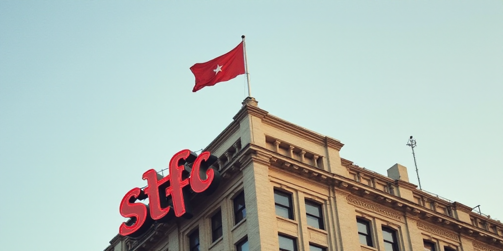 a flag flying on top of a building next to a sign that says stfc on it's side, David Alfaro Siqueiro