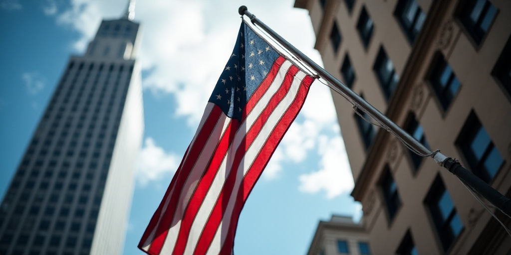 a flag is flying on the corner of a building in new york city, usa, on a flagpole, Andries Stock, sh