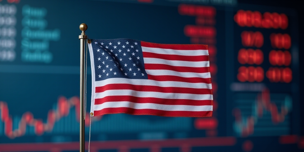 a flag is placed in front of a stock board with an american flag on it and a stock board in the back