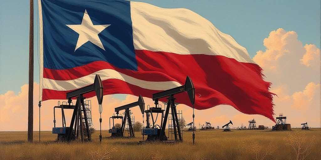 a flag with a picture of oil pumps in front of it and a flag in the background with stars, Evelyn Ab