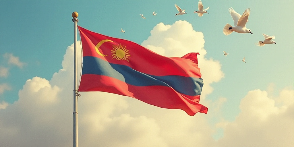 a flag with birds flying around it in the sky above it and a flag pole in the foreground, Andrey Yef