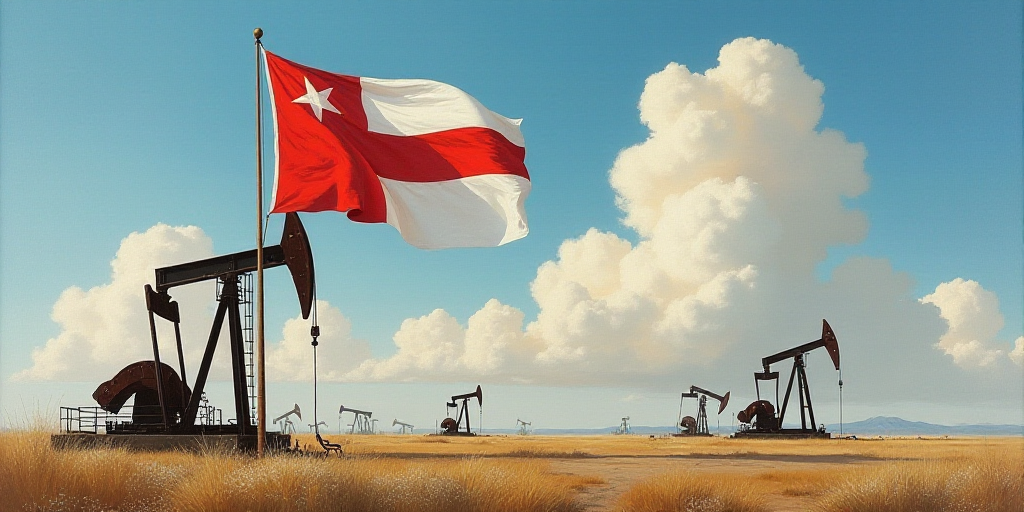 a flag with oil pumps and a flag in the background with a sky background and clouds in the foregroun