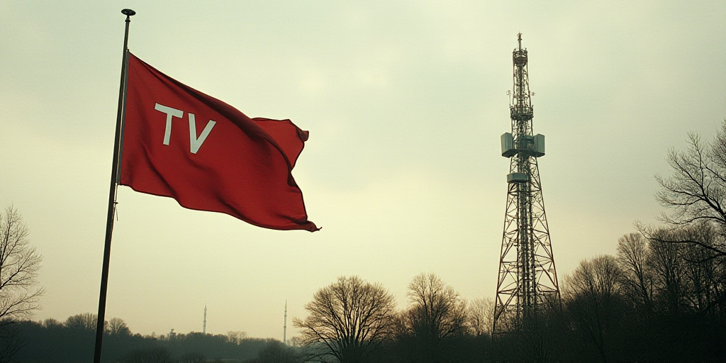 a flag with the word tv on it flying in the wind with trees in the background and a radio tower in t