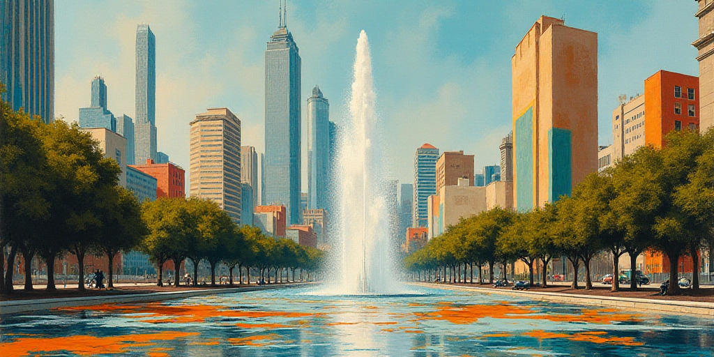 a fountain in the middle of a city with skyscrapers in the background and a sky scraper in the foreg