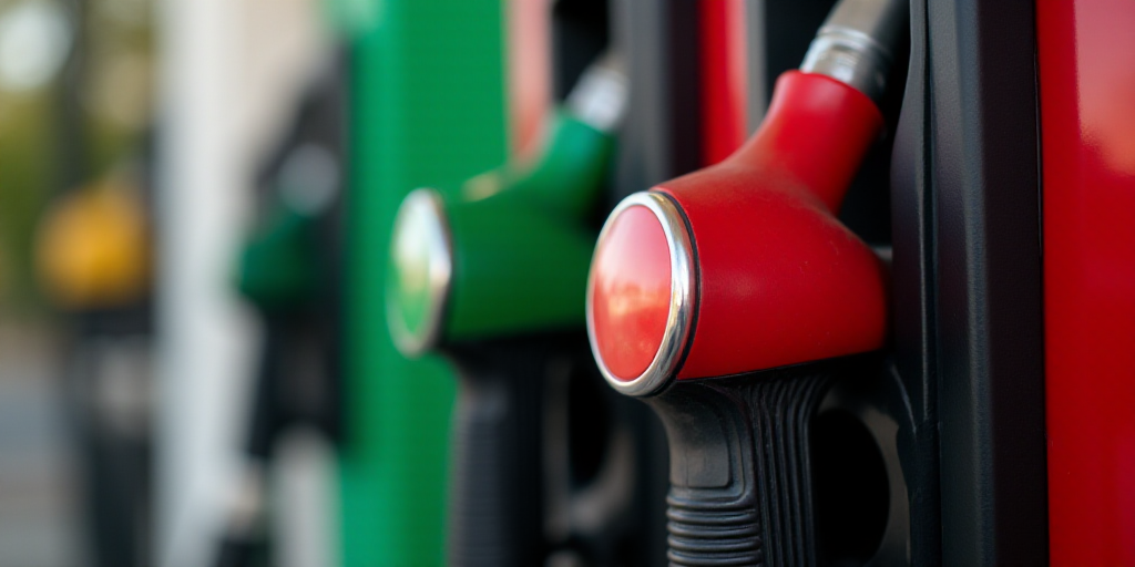 a gas pump is shown with a red gas nozzle next to it and a green gas pump is seen, Ceferí Olivé, o