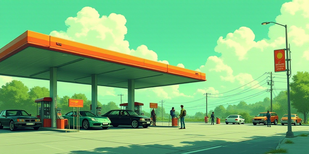 a gas station with cars parked at the gas pumps and people standing around the gas pumps and cars wa