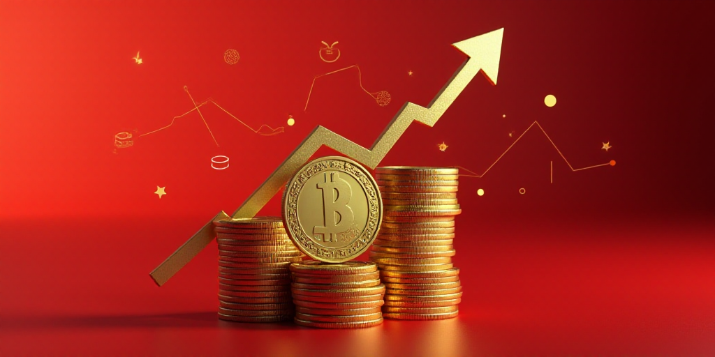 a gold and silver coin with an arrow pointing up on a red background with numbers and symbols in the