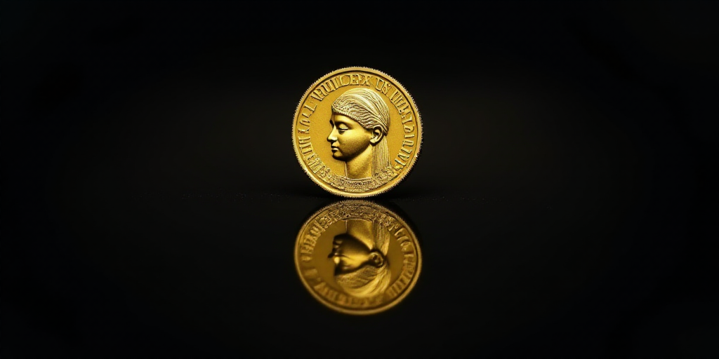 a gold coin with a face on it and a black background with a reflection of the coin in the middle, Aq