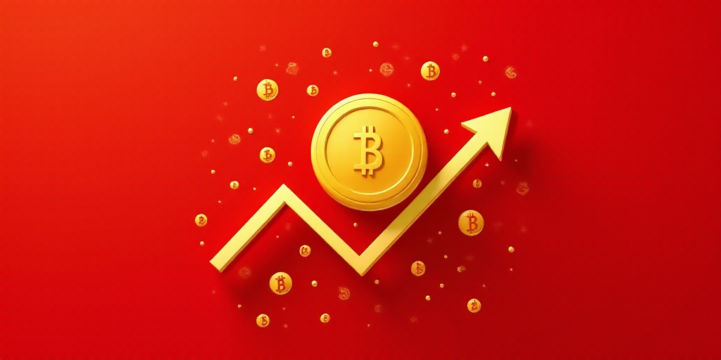 a gold coin with an arrow pointing up on a red background with numbers and arrows pointing up on it,
