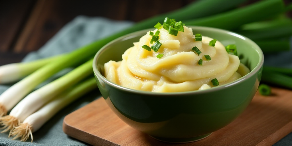 a green bowl filled with mashed potatoes on a cutting board next to green onions and green onions on