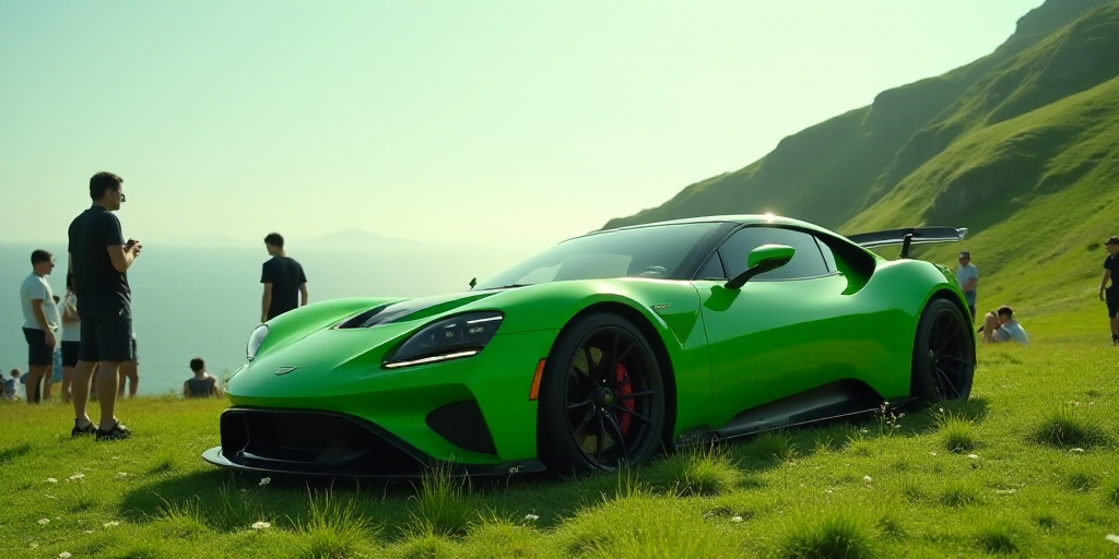 a green car that is sitting in the grass near a hill side with people standing around it and a man s