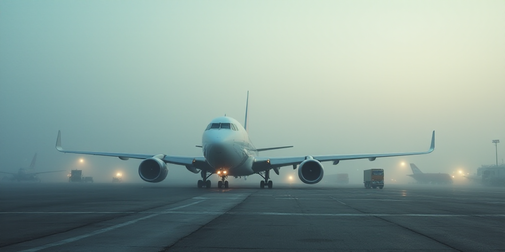 a group of airplanes sitting on top of an airport runway in the foggy day time, with trucks driving