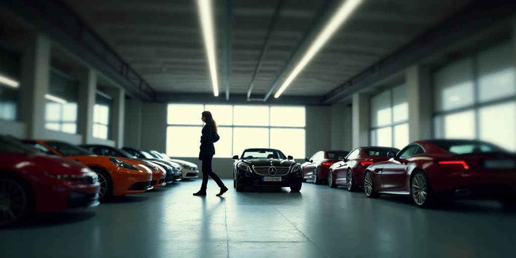 a group of cars parked in a garage next to each other in a building with a woman walking by, Artur G