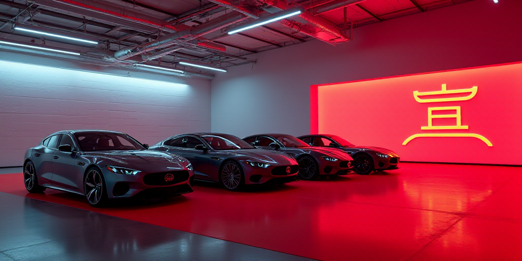 a group of cars that are sitting on a red carpeted floor in a building with a logo on the side, An G