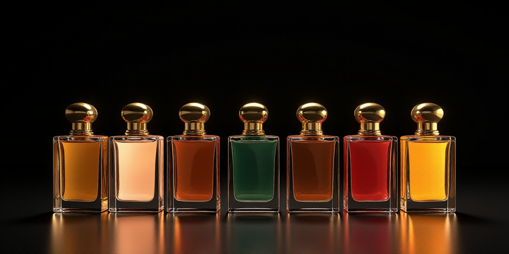a group of different colored bottles of perfumes on display together in a row on a table top with a