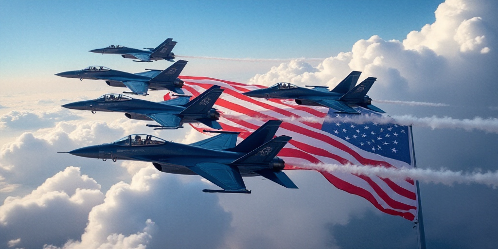 a group of fighter jets flying in formation over a flag with a sky background and clouds in the back