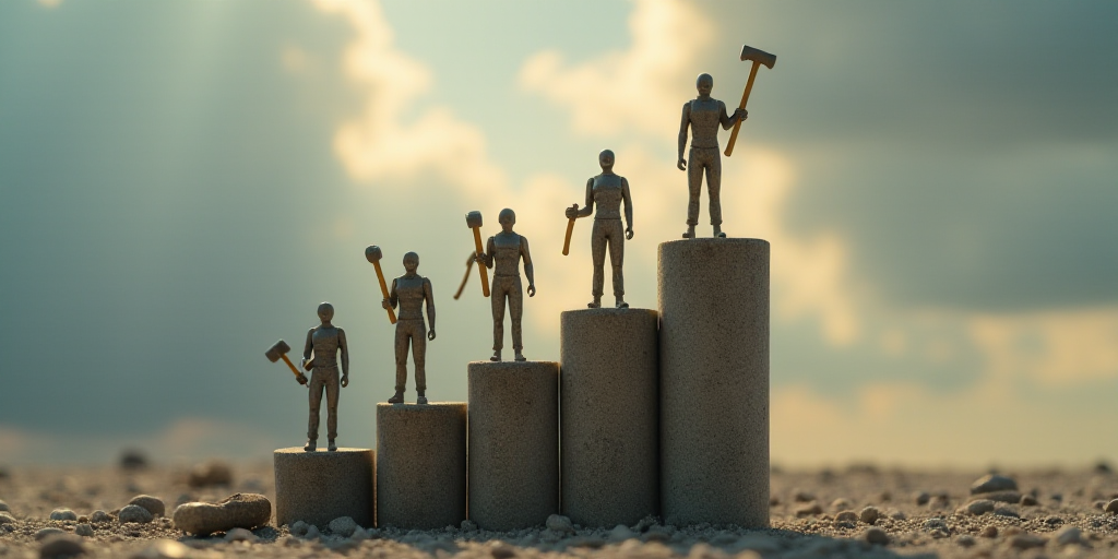 a group of figurines standing on top of a bar graph with a hammer in each of them, Andries Stock, ep