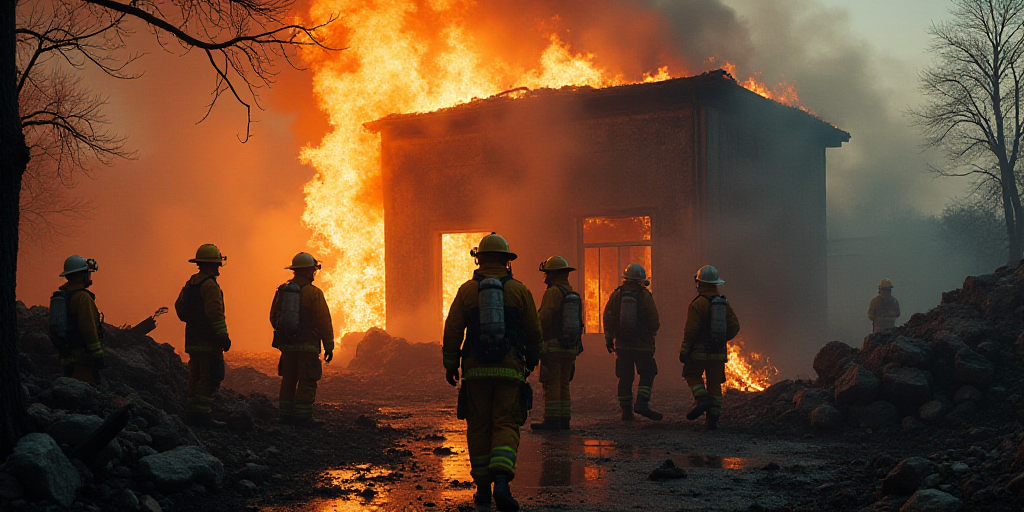 a group of firefighters standing around a building that has been destroyed and burned down with debr