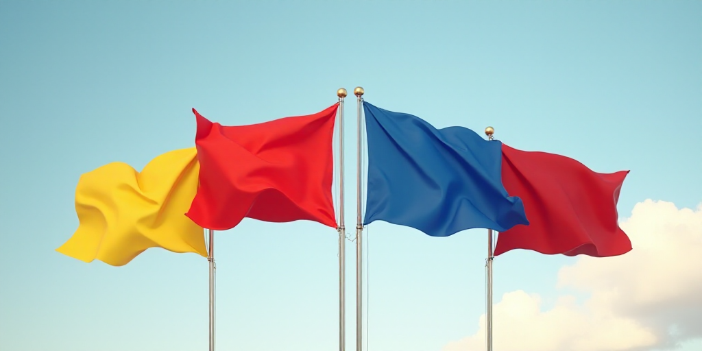 a group of flags with a sky background and a yellow one with a blue one with a red one, Andrey Yefim