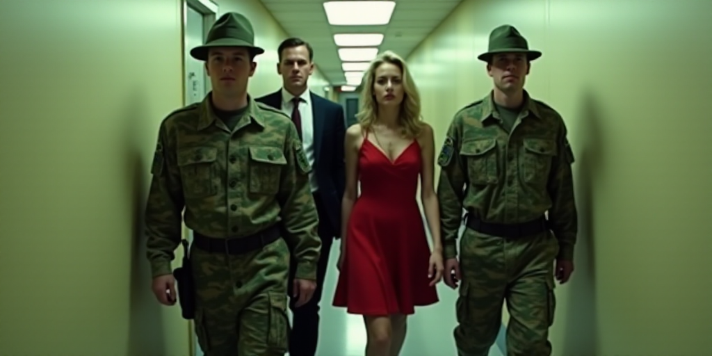 a group of men in camouflage uniforms walking down a hallway together with a woman in a red dress an