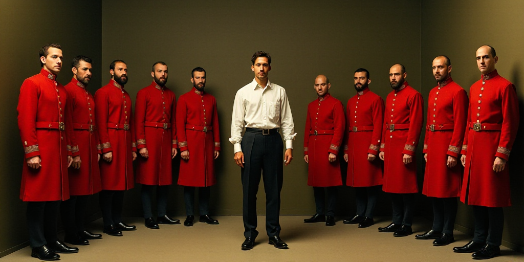 a group of men in red uniforms standing around a man in a white shirt and black pants holding a whit