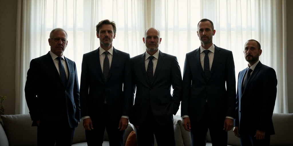 a group of men in suits and ties standing next to each other in a room with a white curtain, Boris V