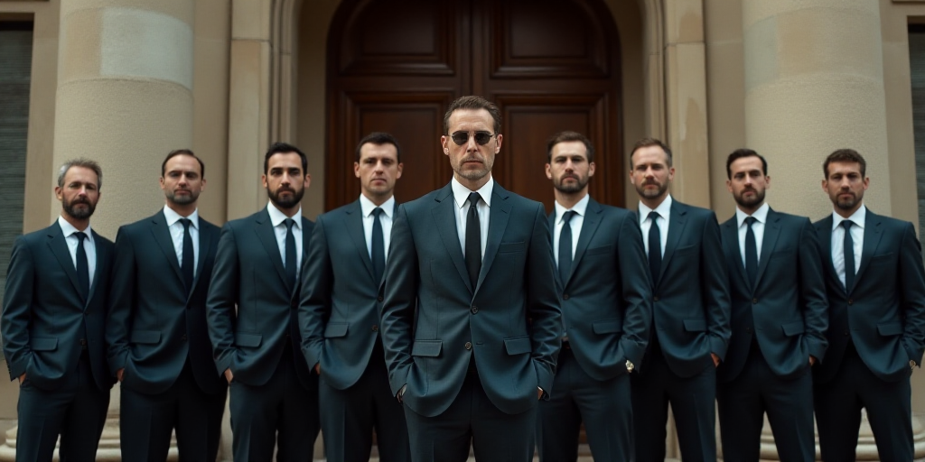 a group of men in suits standing in front of a building with a door and a number of other men in sui