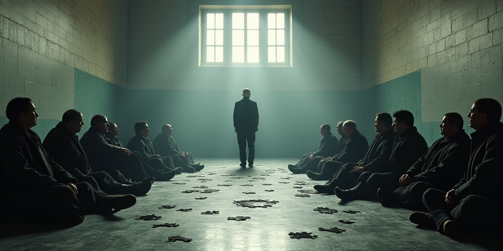 a group of men sitting on the floor in a room with police standing around them and a man in the midd