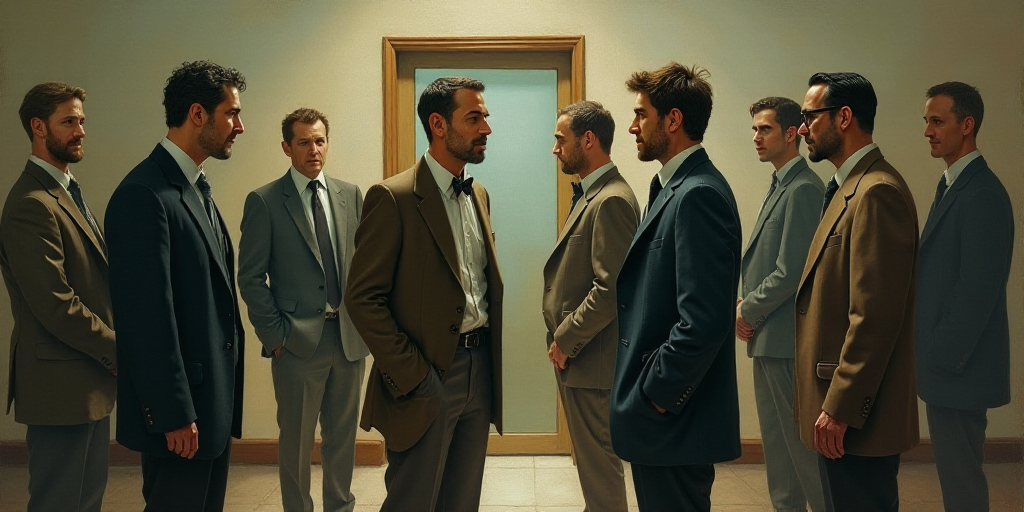 a group of men standing around each other talking to each other in front of a door with a glass wind
