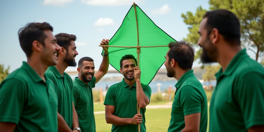 a group of men standing around each other holding a kite in their hands and smiling at each other's