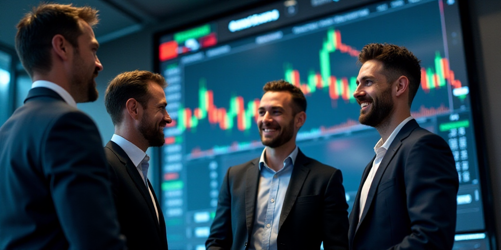 a group of men standing around a stock market talking to each other and smiling at each other's comp