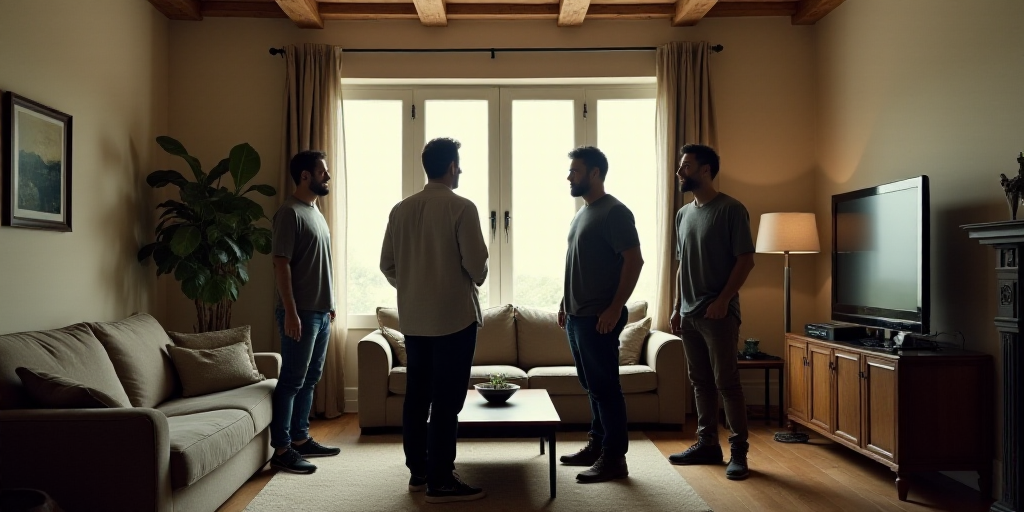 a group of men standing in a living room next to a couch and a table with a tv on it, Carlos Catasse